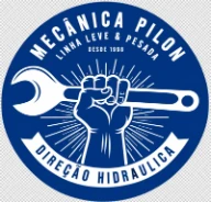 Logomarca circular azul e branca da Mecânica Pilon